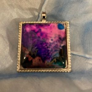 Handmade Jewelry Square Silvertone Setting w Alcohol Ink Art Under Domed Glass
